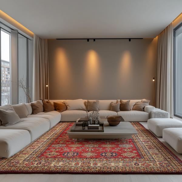 Tapis kazakh avec motif traditionnel sous un grand canapé.